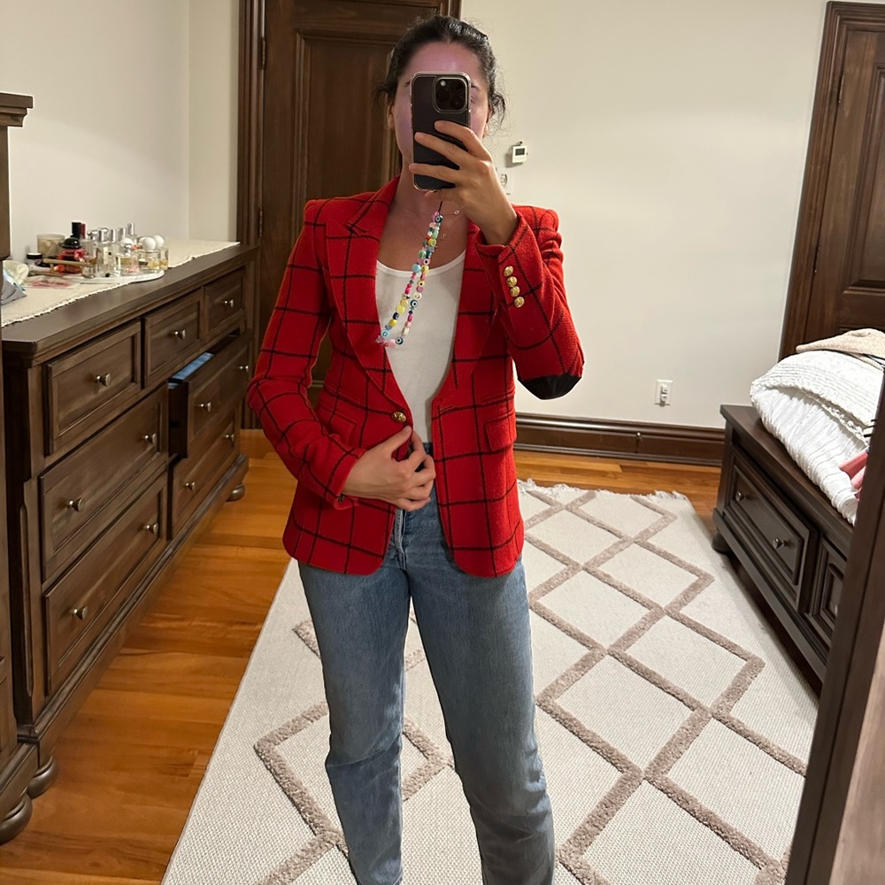 Smythe red and black window pane wool blazer w/ black elbow patches